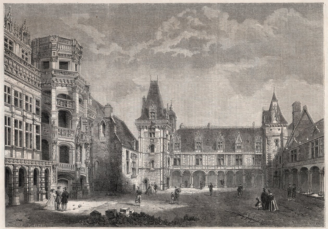 Exteriör vy av slottet Blois med den monumentala trappan - Gravyr i "" Le Monde Illustrie"" av Unknown artist