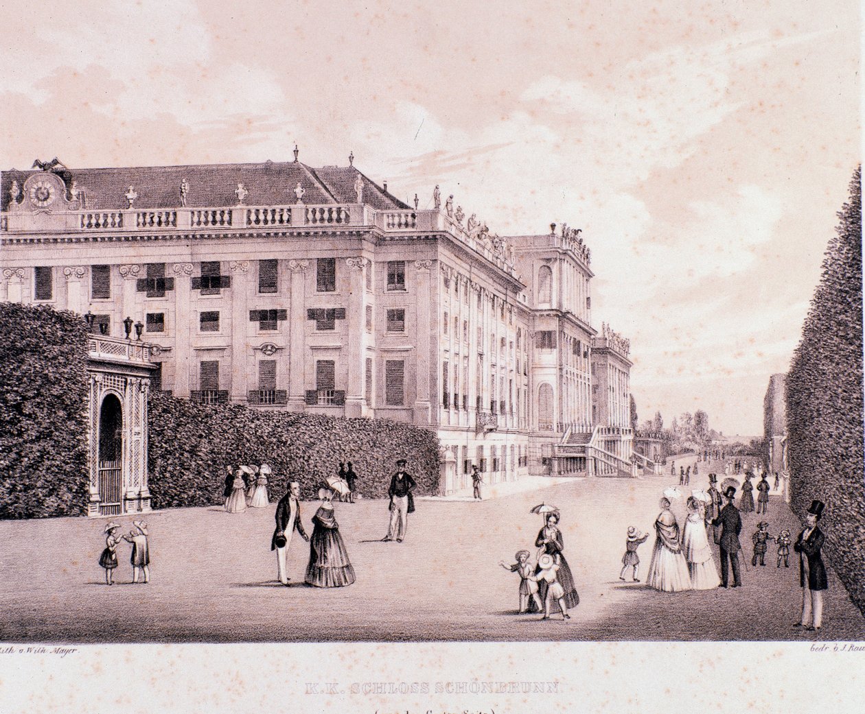 Vandrare i parken Schonbrunn Palace (Schoenbrunn) i Wien. Österrike. Tryck från början av 1800-talets Privatsamling av Unknown artist