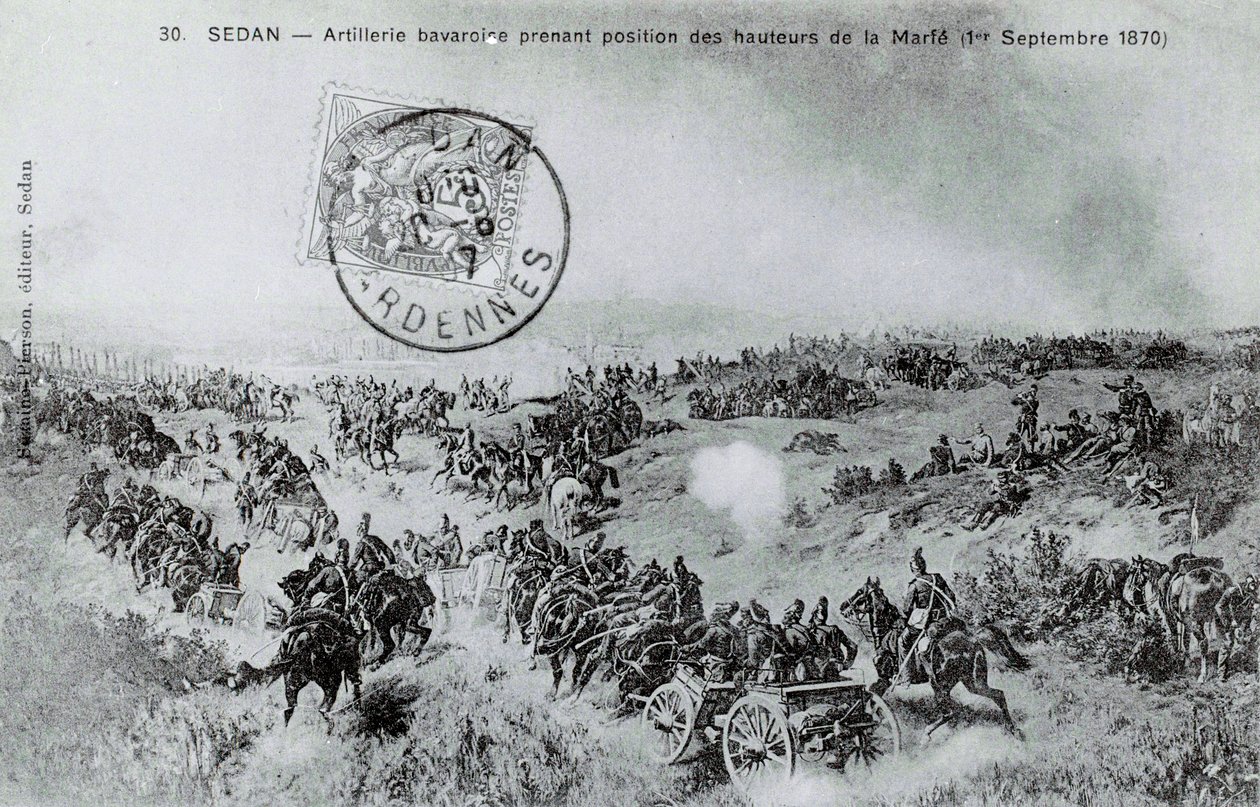 1870 års krig: Bayerskt artilleri tar position från Marfes höjder i Ardennerna den 01/09/1870. Gravyr från 1870 av Unknown artist
