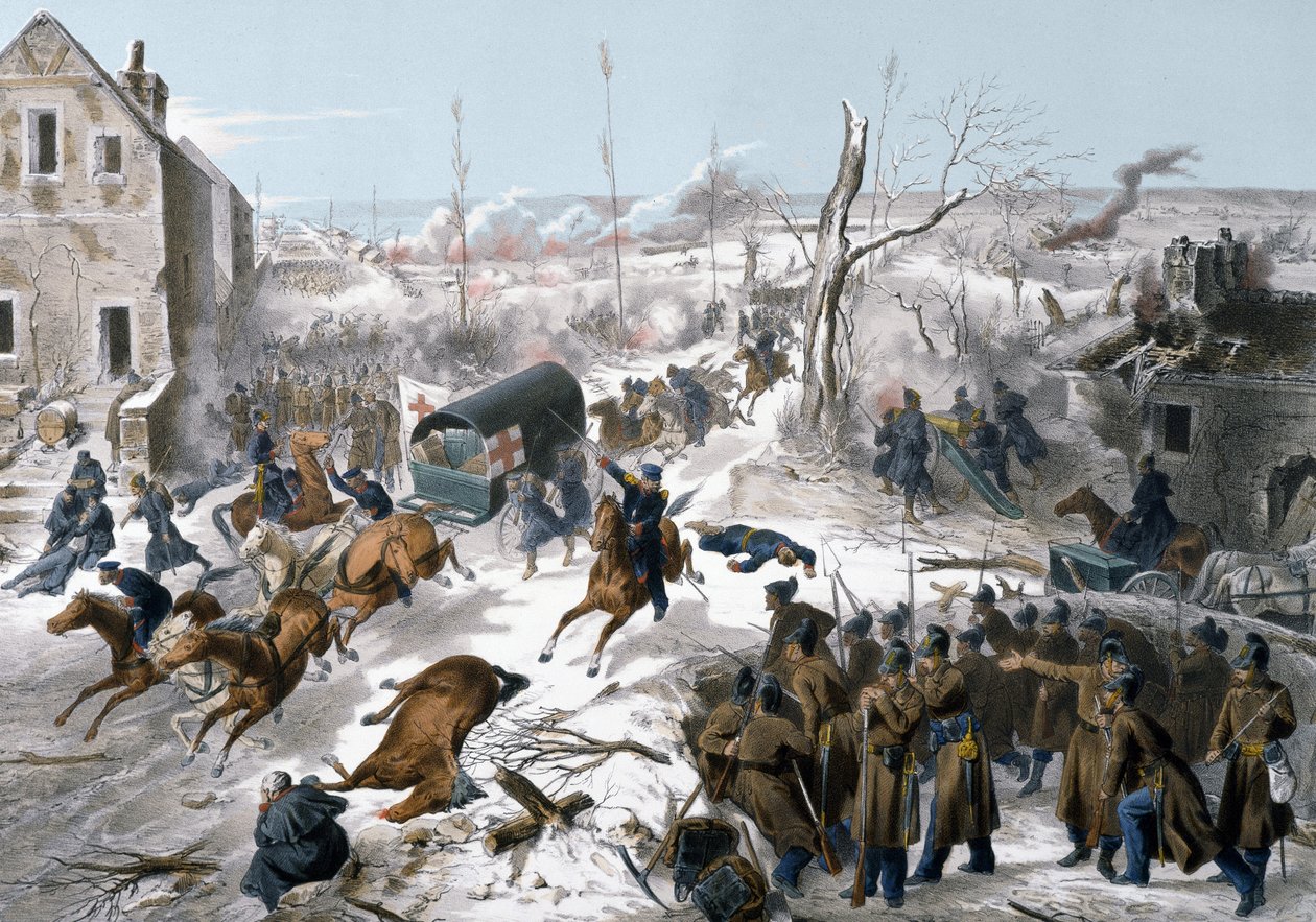 Kriget 1870 mellan Frankrike och Preussen: Röda korset under slaget vid Bapaume i Pas de Calais den 2 och 1871-03-01, där norra armén ledde av general Faidherbe segrade mot preussarna av Unknown artist
