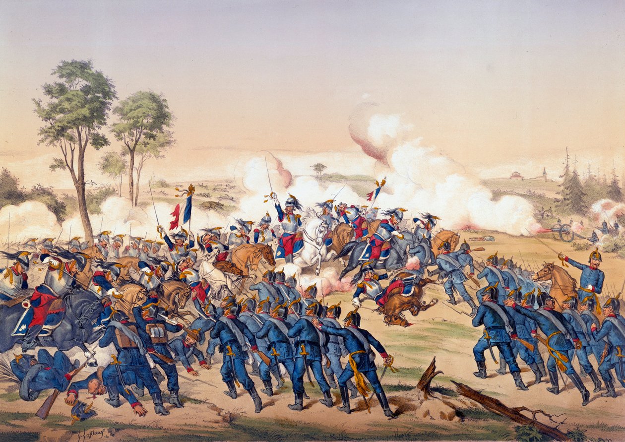 Kriget 1870: anfallen av slagskeppen vid slaget vid Froeschwiller Woerth (Froeschwiller-Woerth) den 06/08/1870 som såg Tysklands seger - Litografi från 1870. Paris, NL av Unknown artist