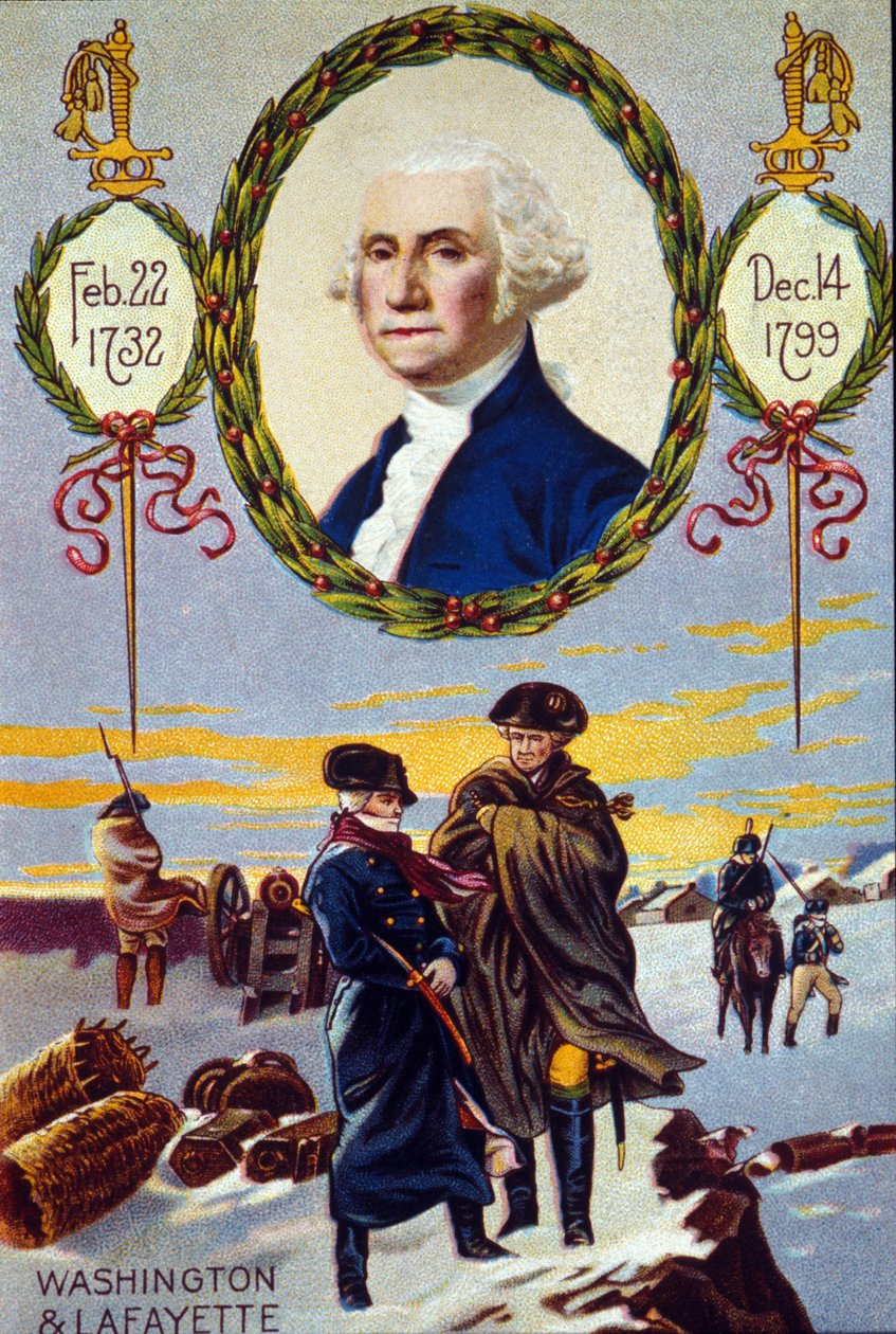 USA:s självständighetskrig: markisen de Lafayette (1757-1834) träffade George Washington (1732-1799) med Valley Forge för att hjälpa honom 1777. kromolitografi från 1800-talet av Unknown artist