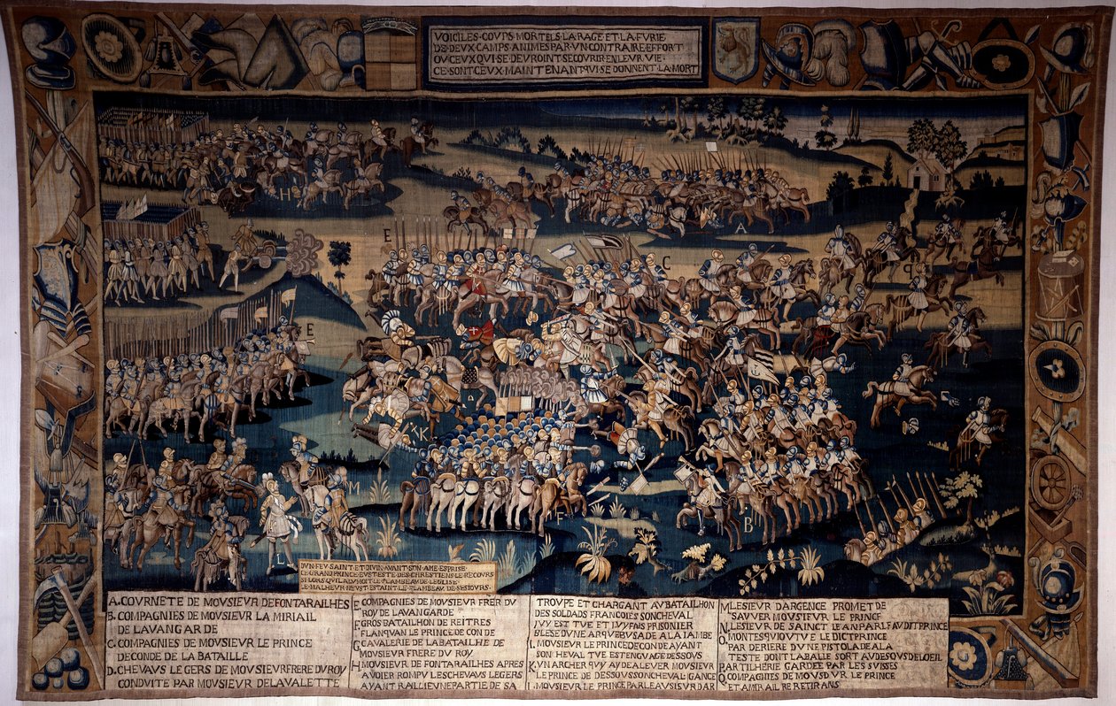 Religionskrig: "" Slaget vid Jarnac, död av Ludvig I av Bourbon, Prince of Conde (Bourbon-Conde) (1530-1569)"" Den motsätter sig den 13/03/1569 den protestantiska armén av Prinsen av Conde till den av Frankrikes kung under befallning av hertigen av Anjou.  av Unknown artist