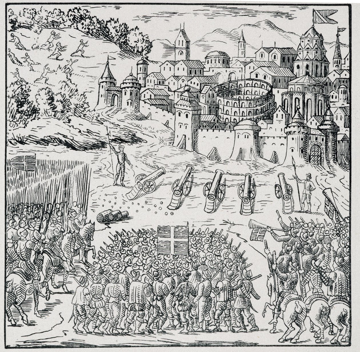 Religionskrig: Staden Nîmes belägrad av kungens armé (Henry III) 1576 - i "" Samling av 39 figurer som representerar Frankrikes katastrofer från 1562 till 1586""", Louis Perrin imprim. av Unknown artist