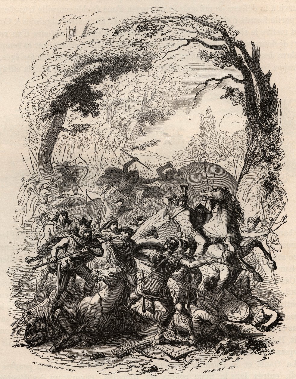 Gallernas krig: Slaget vid Aduatuca mellan det belgiska folket i Eburons och den romerska armén. Quintus Titurius Sabinus och Lucius Aurunculeius Cotta besegrades 54 f.Kr. Gravyr från 1868 i "Belgiens historia från primitiva tider till slutet av den av Unknown artist