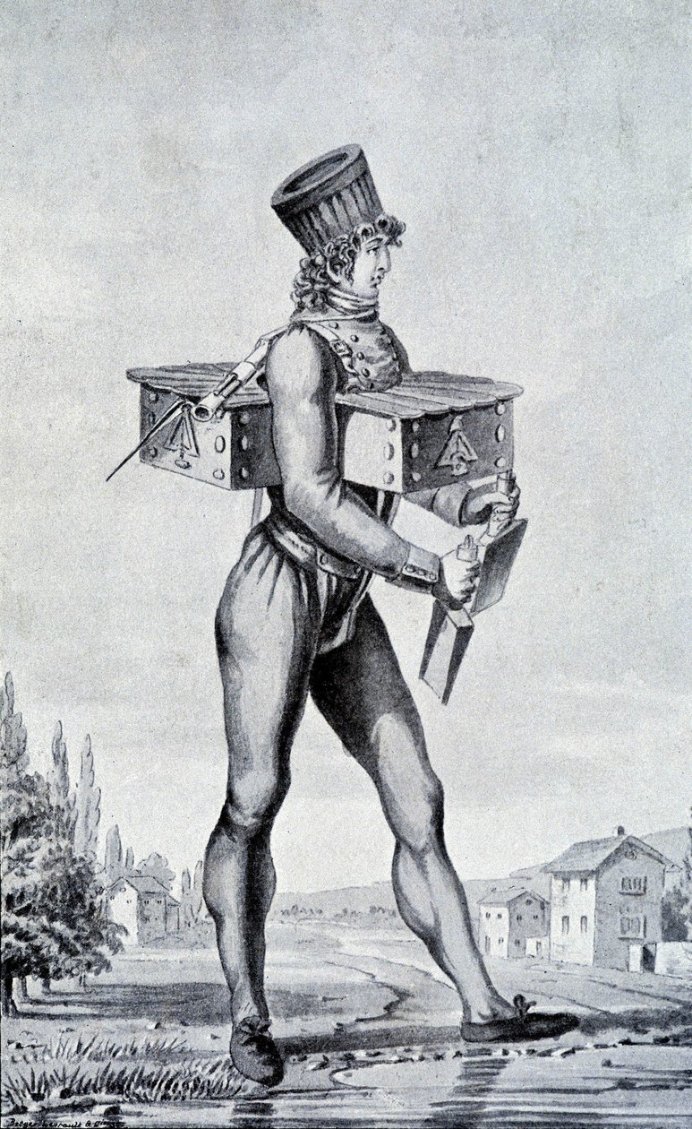 Krigsdräkt från 1800-talet. gravyr från 1800-talet. av Unknown artist
