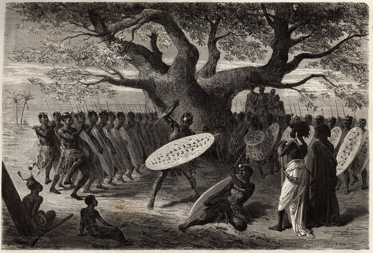 Krigarövningar av Landines eller caffres-zulus, en Sena (Zambese River-regionen, Moçambique). Gravyr för att illustrera Dr. Livingstones första resor till södra Afrika från 1840 till 1856, i "Le tour du monde, nouveau journal des voyages"" publicerad under av Unknown artist