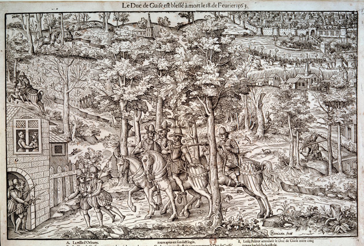 Religionskrig 1562-1598 "" Mordet på Francois I av Lorraine (1519-1563) andra hertigen av Guise den 18/02/1563. En katolsk ledare dödades han av kalvinisten Jean de Poltrot de Mere eller Merey. Gravyr av 1500-talet. Paris, B.N. av Unknown artist