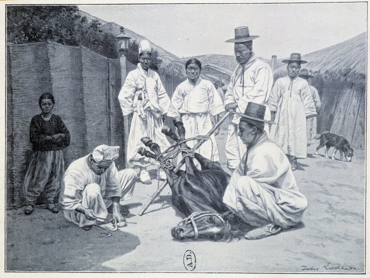 Sätt att hämta en häst i Korea - gravyr av Unknown artist