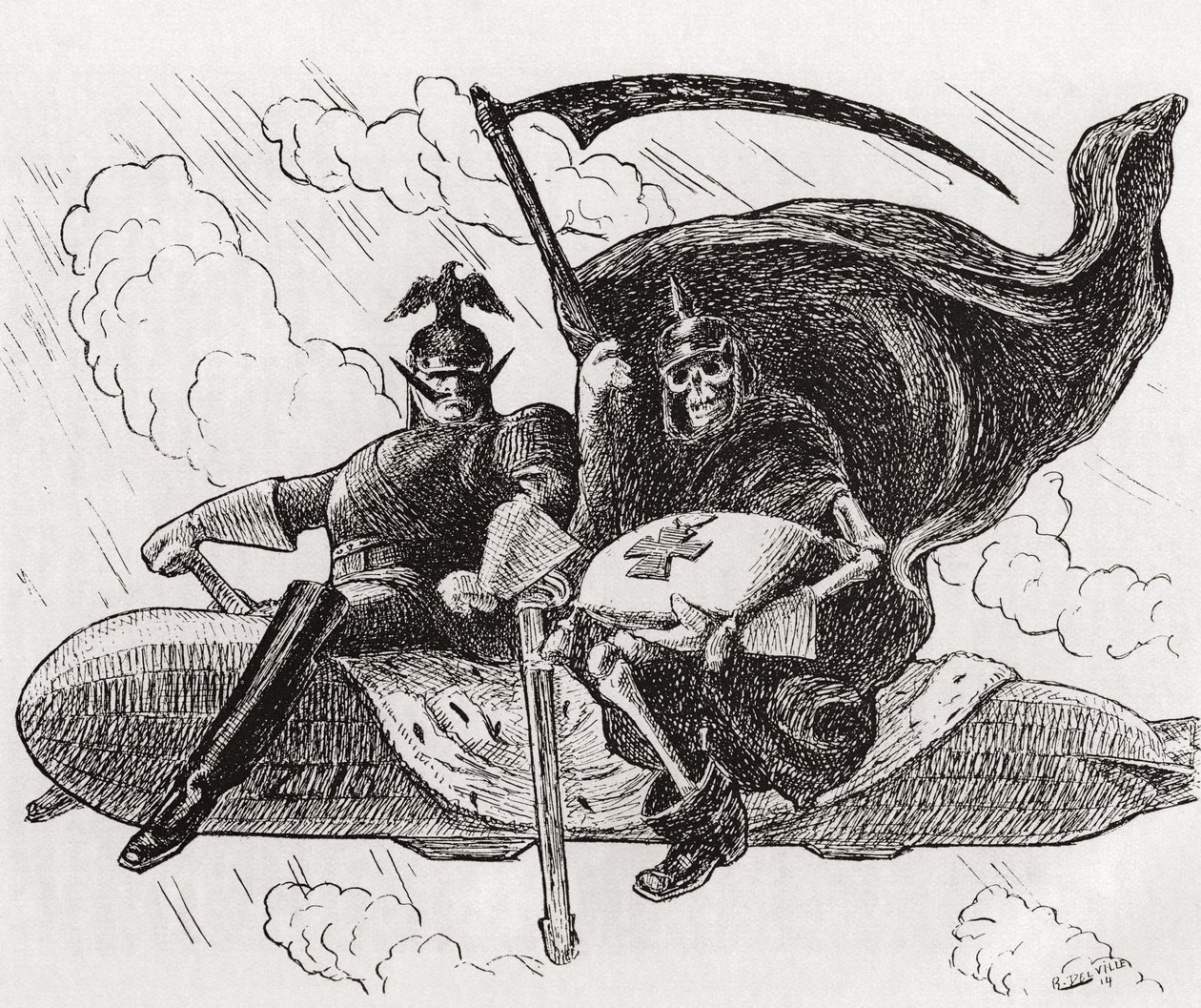 "Vi två", krigsherren och hans allierade: En tysk befälhavare och ett skelett, eller döden, som sitter ovanpå en Zeppelinare av Unknown Artist