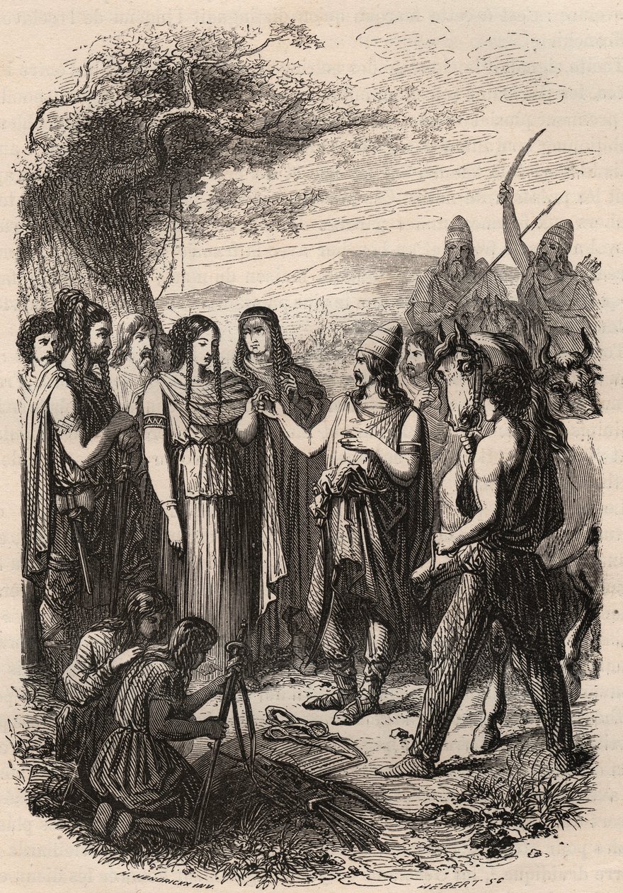 Bröllopsceremoni hos tyskarna. Gravyr från 1868 i "Histoire de Belgique från primitiv tid till slutet av Leopold I:s rege"" av Theodore Juste (1818-1888). Privat samling. av Unknown artist