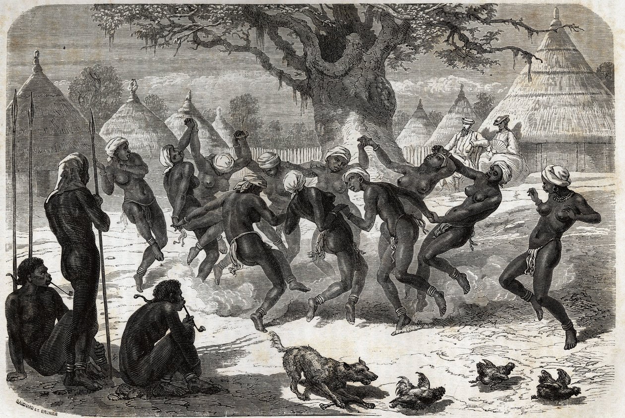 Välkomstdans av kvinnorna i stammen, när Baker och hans fru återvänder från Lake Albert (Albert Nyanza). Gravyr för illustration le voyage au lac Albert, en 1861-1864, av Sir Samuel White Baker, i "Le tour du monde, nouveau journal des voyages av Unknown artist