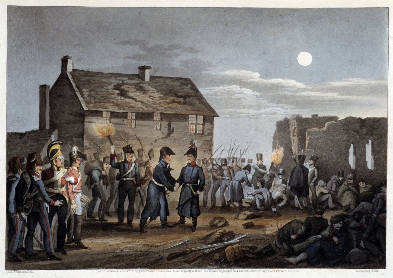 Wellington och Blucher träffades tillfälligtvis i Waterloo - i "" Historiska, militära och marina anekdoter och incidenter som anlände till Armies of Bretagne och deras allierade, som slutade i Waterloo"" av Edward Orme, ill. av Atkinson, London av Unknown artist