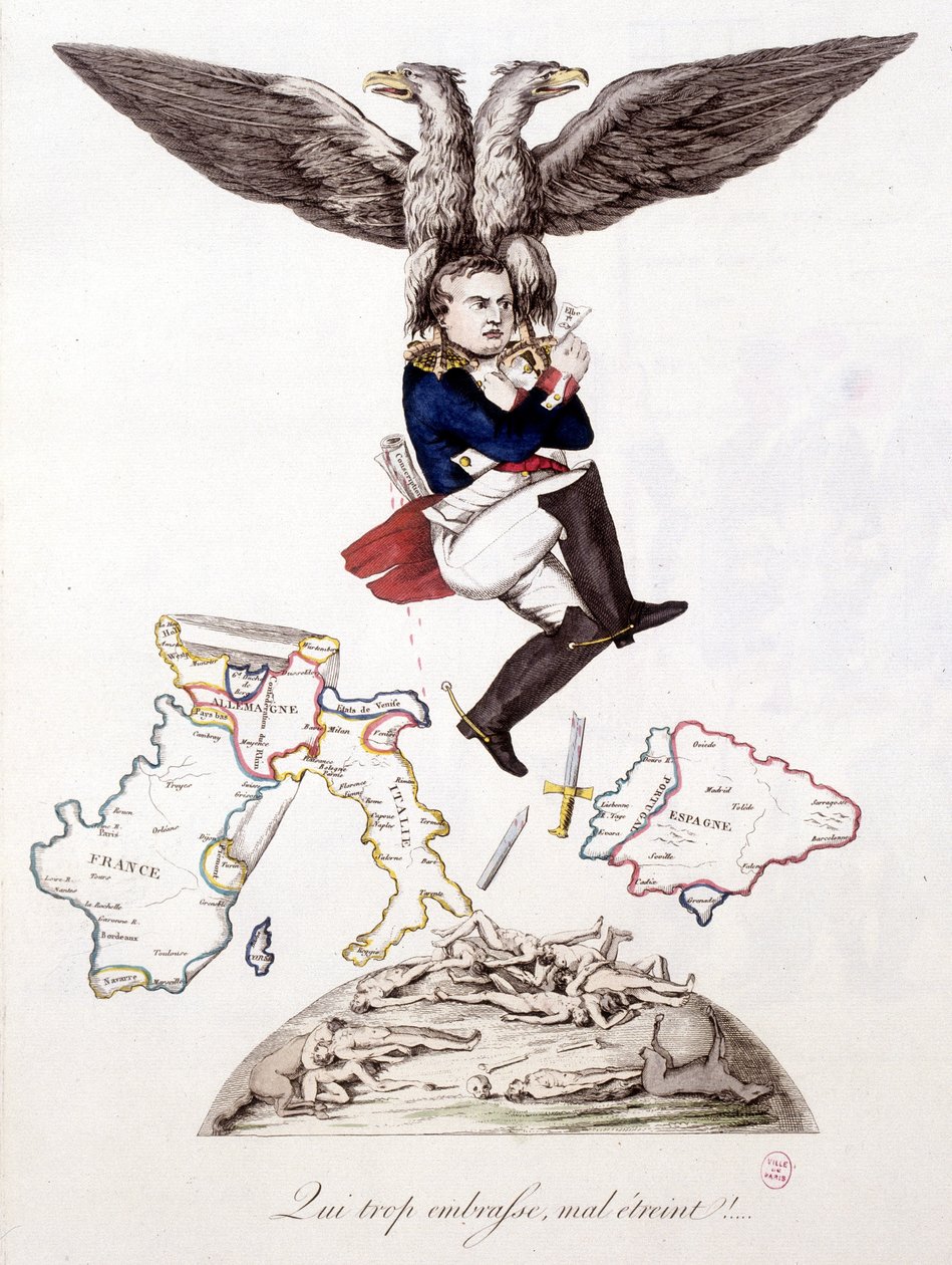 Vem omfamnar också illa omfamnar: efter att ha sått död i hela Europa ansluter sig Napoleon till ön Elba, buren av en örn - i "" Napoleon 1:a, karikatyrer, dummysamling"", ca. 1814 av Unknown artist