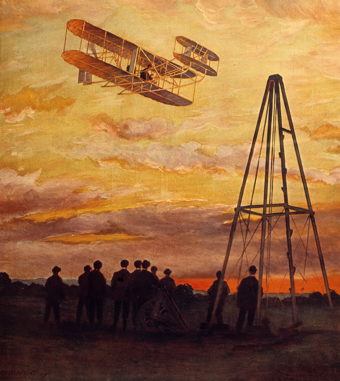 Wilbur Wrights flygplan (1867-1912) under flygning av Unknown Artist