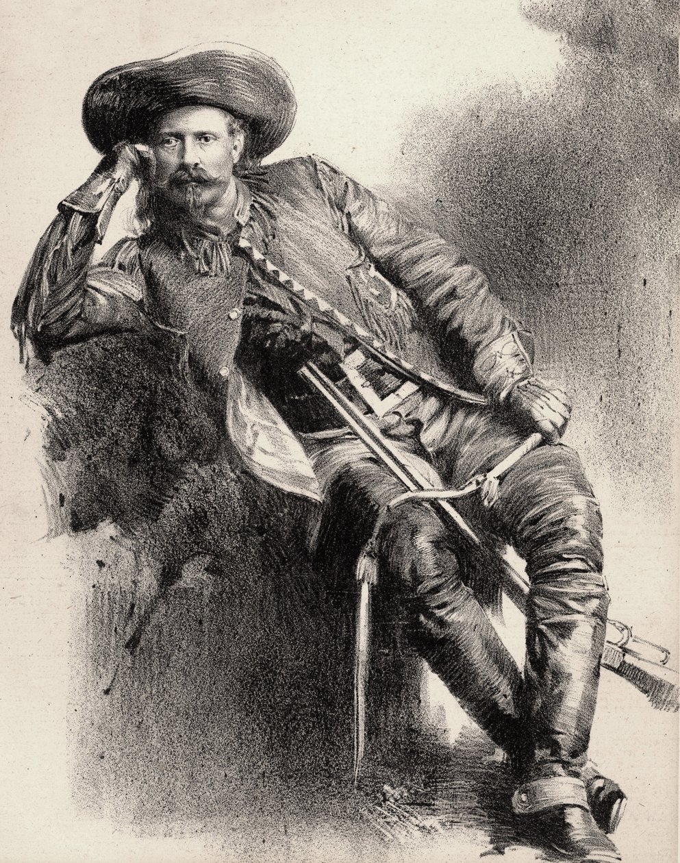 William Frederick Cody - Känd som Buffalo Bill - Porträtt av Buffalo Bill (1846-1917), överste William Cody - gravyr efter affisch. av Unknown artist