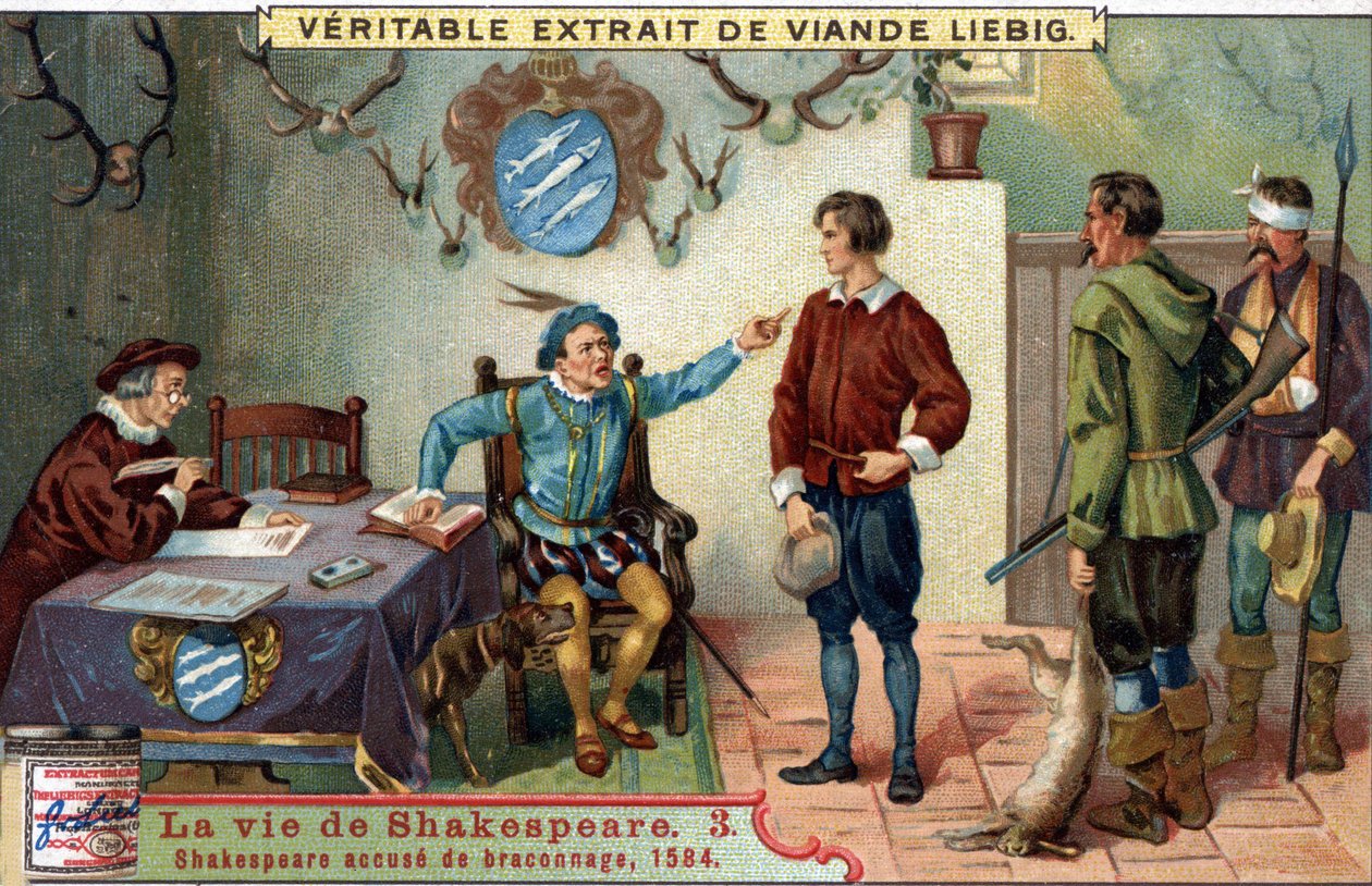 William SHAKESPEARE (1564-1616) anklagad för tjuvjakt 1584. Chromo liebig från slutet av 1800-talet. av Unknown artist