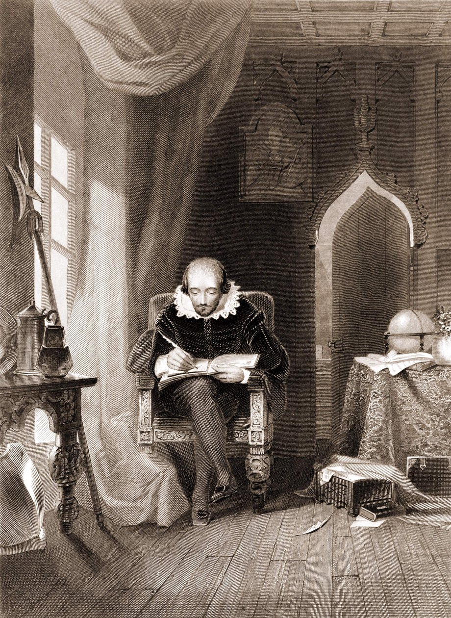 William Shakespeare (1564 - 1616) på sitt kontor. av Unknown artist