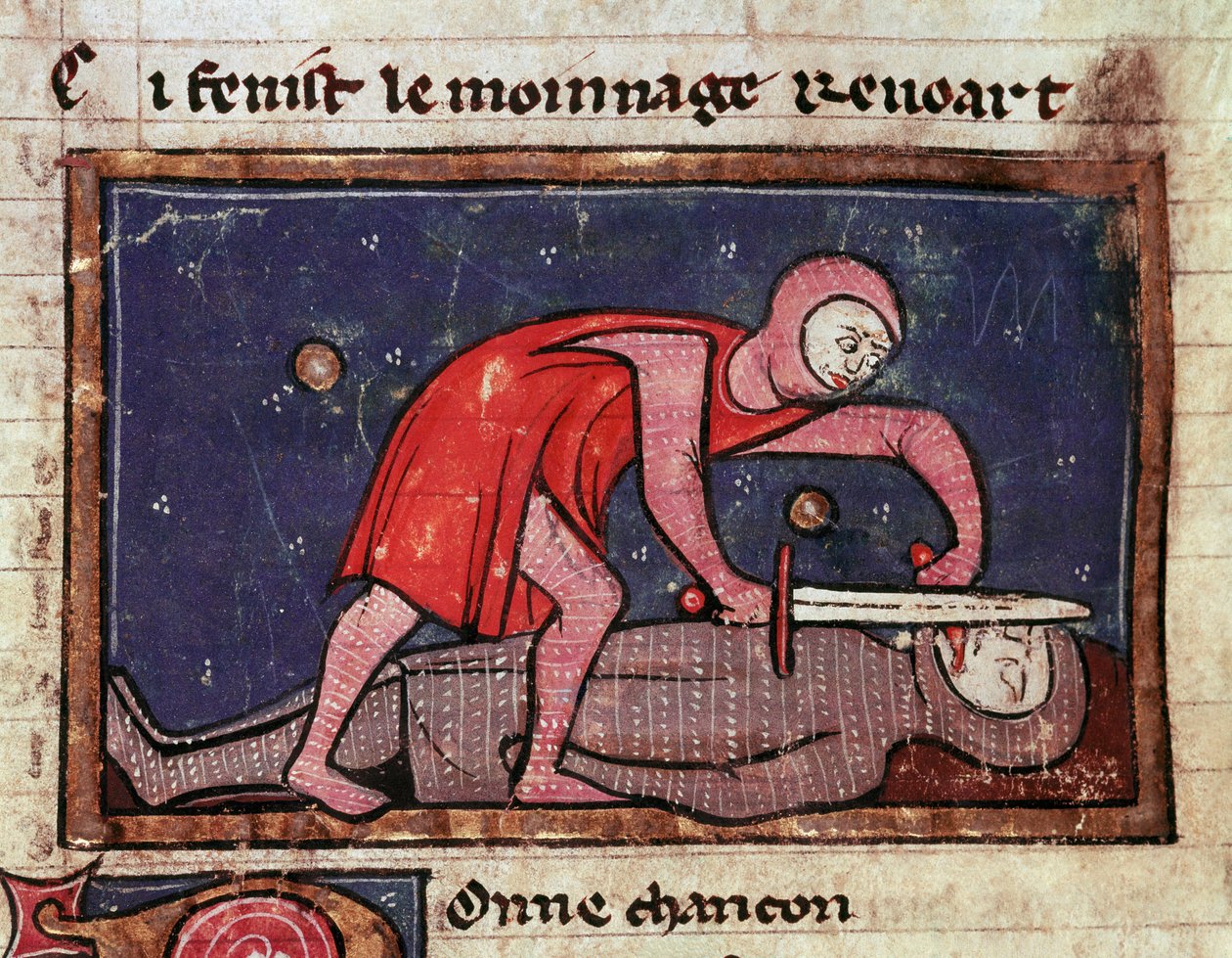 William V av Poitiers kallad den store (960-1030) skär tungan på sin fiende greve Boson II av Marche (988-1008) i 1008 Miniatyr hämtad från "The moinage of William"" (ms. 1025) 1200-talets Milano, Biblioteca Trivulziana av Unknown artist