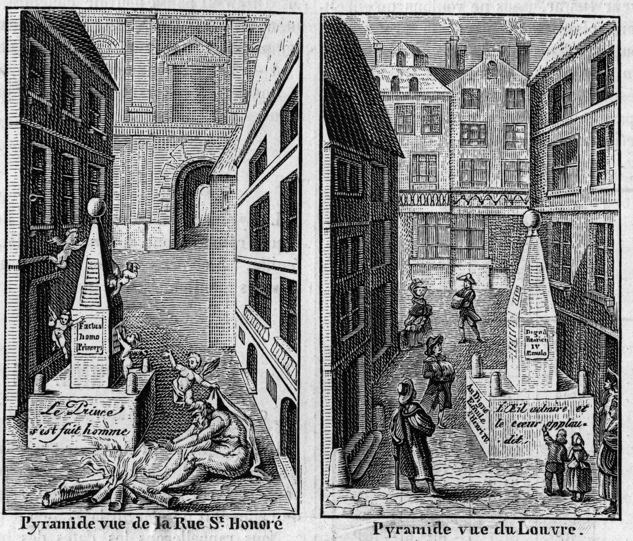 Vinterpyramiden 1784 i Paris. Fac simile (Fac-simile) av två tryck publicerade i "La Pyramide de neige", almanacka från 1786. Gravyr i "" Nature: granskning av vetenskaper och deras tillämpningar på konst och industri "" av 16 mars av Unknown artist