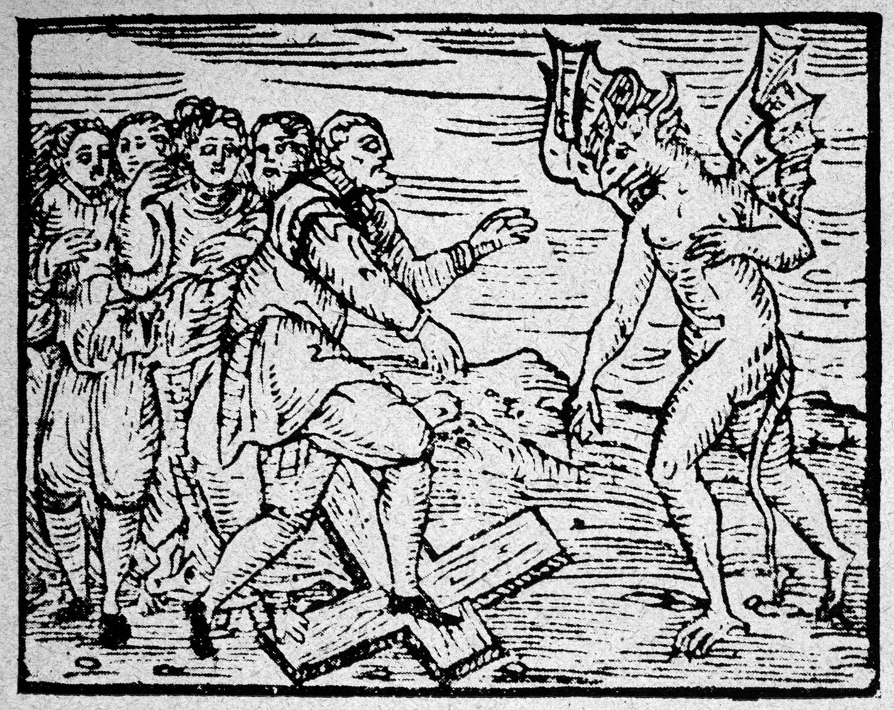 Häxkonst: djävulen och männen som går på det katolska korset - gravyr av Unknown artist