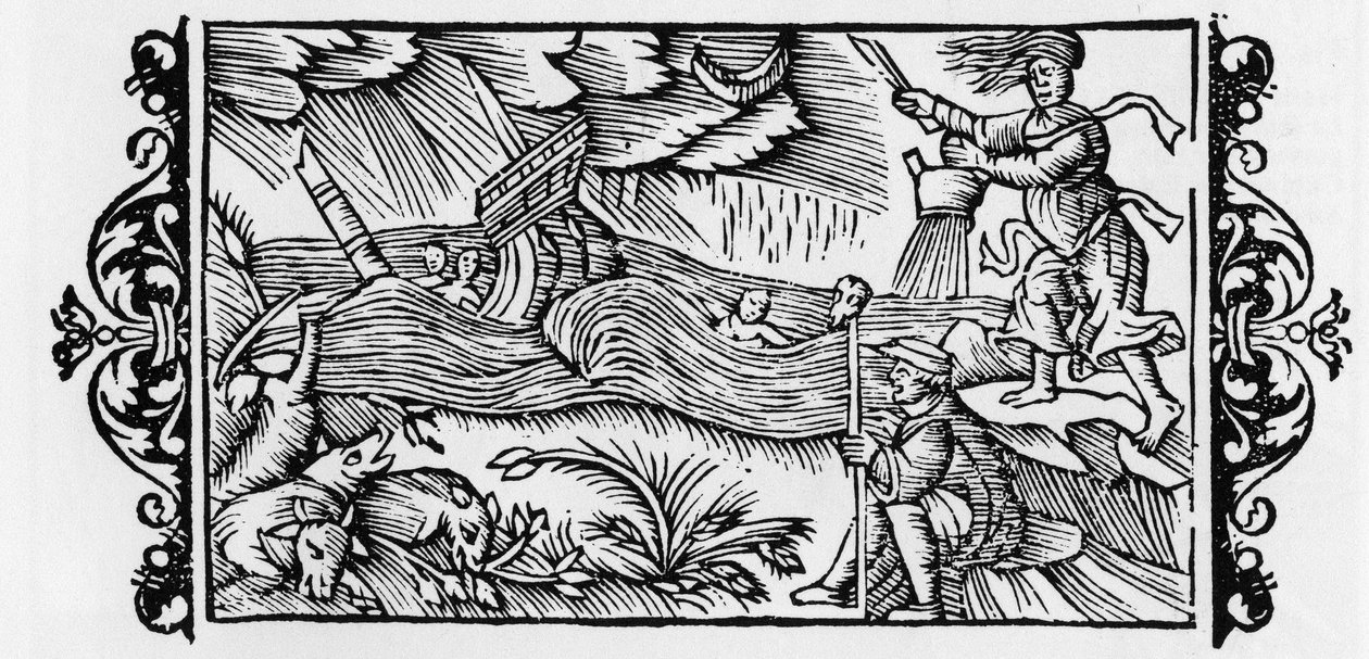 Trollkarl som dischaining a storm - i "History of Gentibus Septentrionalibus" (History of the Peoples of the North) av Olaus Magnus, Rom av Unknown artist