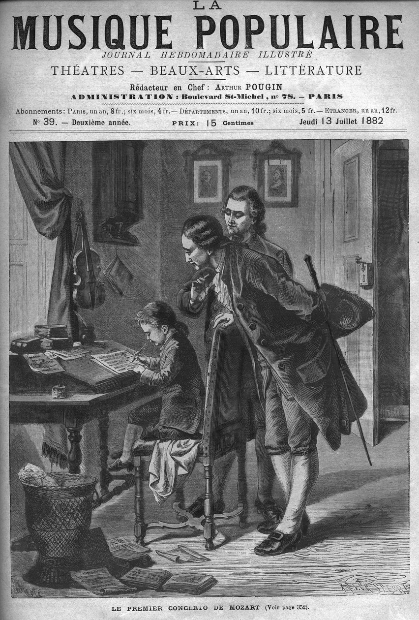 Wolfang Amadeus Mozart skrev en konsert för cembalo i närvaro av sin far Leopold och Andreas Schachtner 1762 - gravyr i "" Popular Music """ illustrerad veckotidning - 1882 av Unknown artist