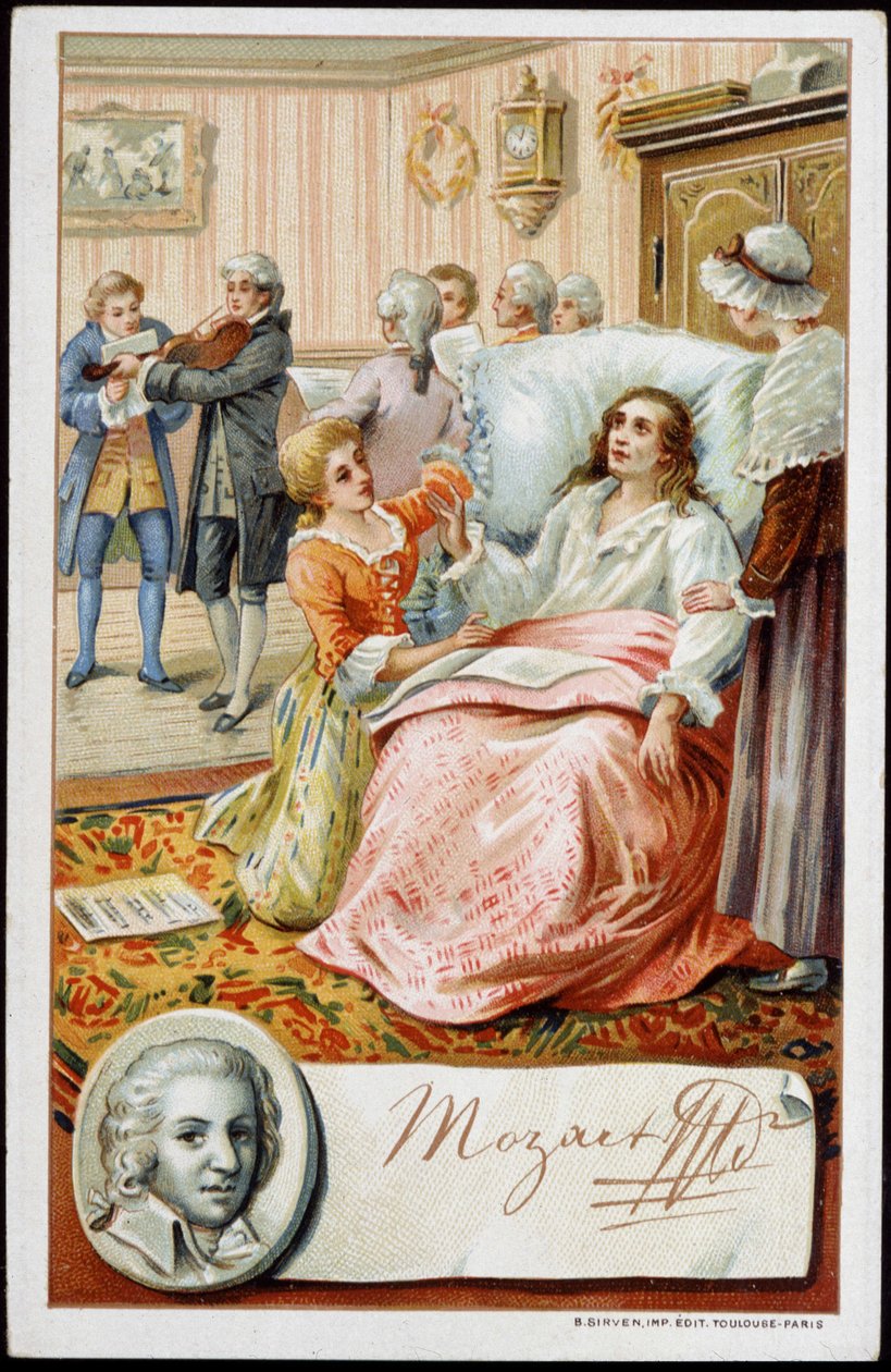 Wolfgang Amadeus Mozart (1756-1791) under de sista dagarna av sitt liv. Kromolitografi av 1800-talet av Unknown artist