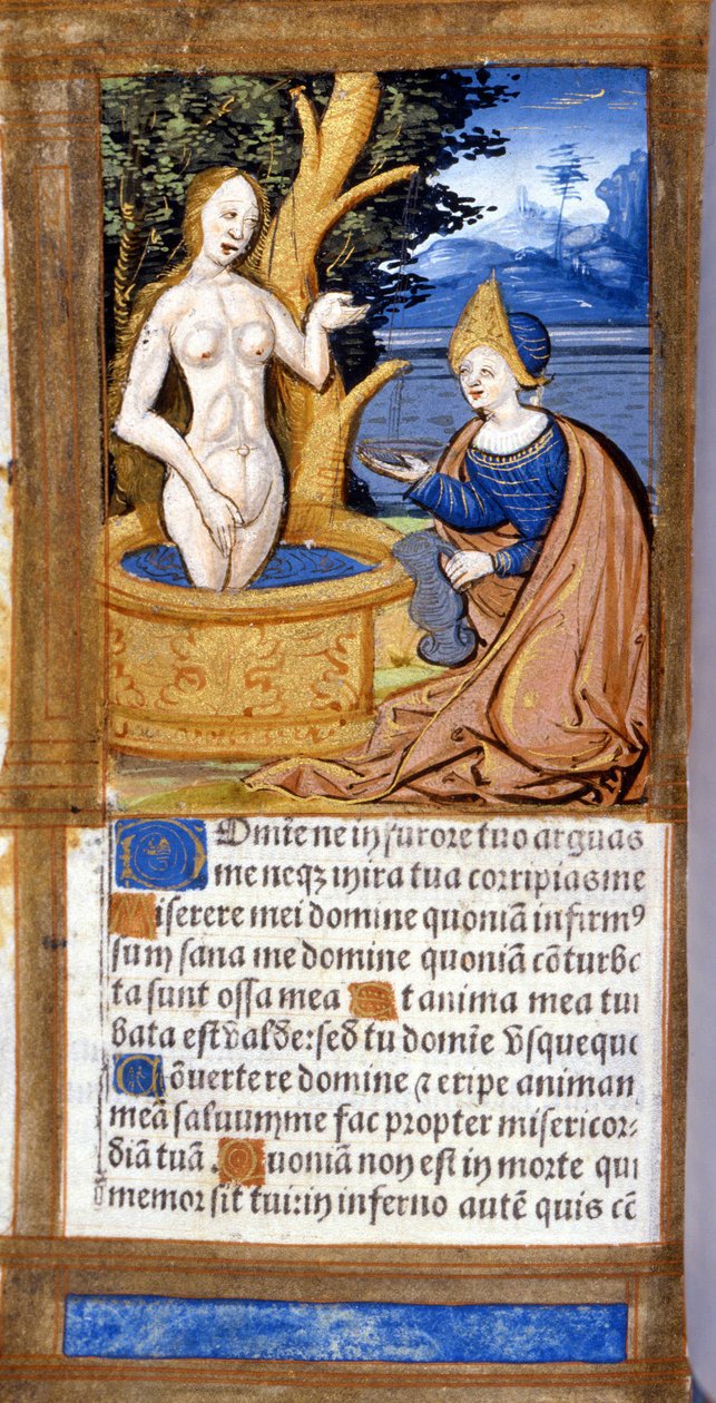 Kvinna på hennes toalett. Sida av ett manuskript från Pentateuchen. 1400-talet. Bibl. Braidense, Milano. av Unknown artist