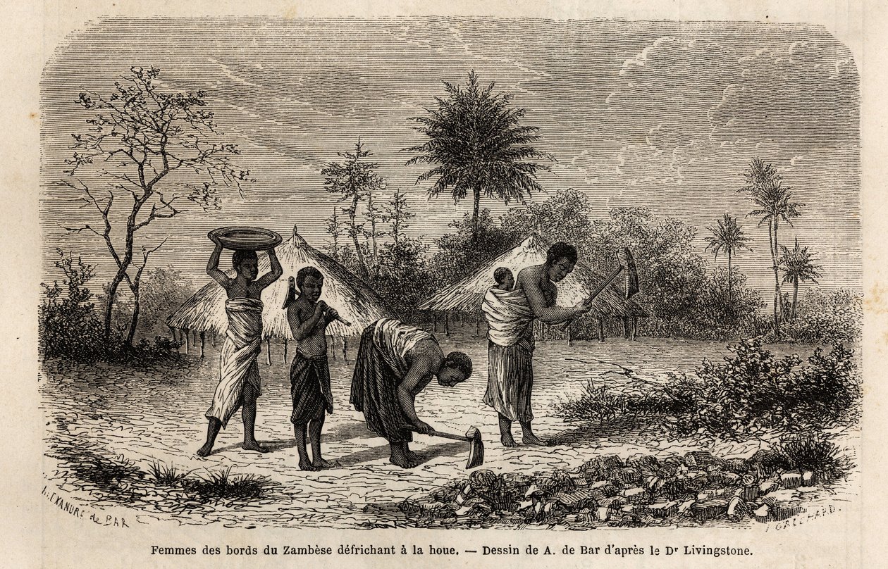 Kvinnor från stranden av Zambeze sänker en hacka och introducerar barn för jordbruksarbete. Gravyr för att illustrera Dr. Livingstones första resor till södra Afrika från 1840 till 1856, i "Le tour du monde, nouveau journal des voyages"" publicerad av Unknown artist