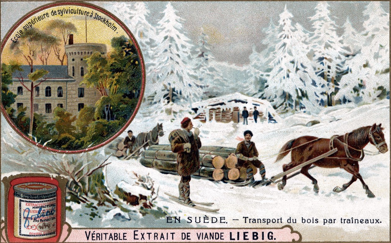 Vedtransport med slädar, Sverige. Kromolitografi, Liebig-bild. av Unknown artist