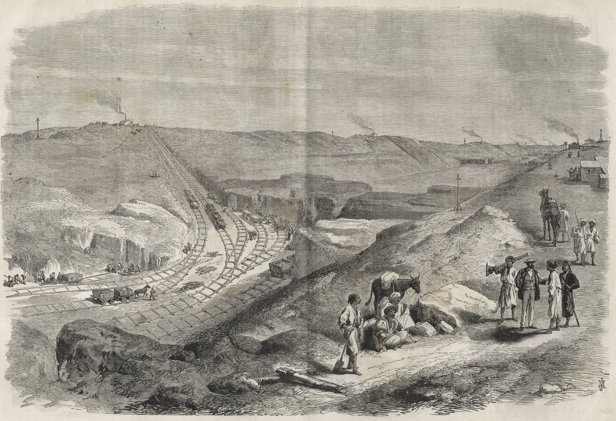 Arbete på Suezkanalen 1864 - Byggarbetsplats och borrarbete på Suezkanalen 1864 (Chaluf Tranchee) - av Unknown artist
