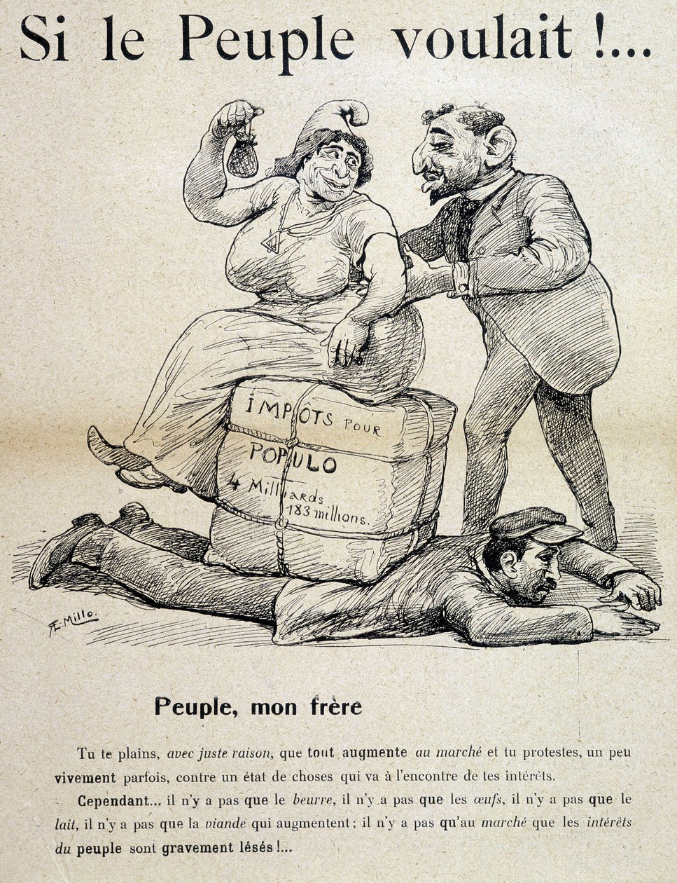 Arbetare krossad av "skatter för populo"" - tecknad serie, sent 1800-tal av Unknown artist