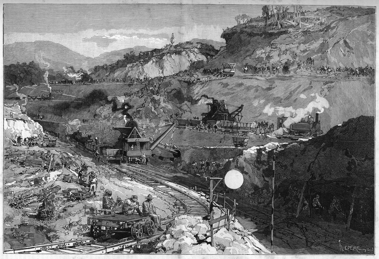 Arbetare på skyttegravsplatsen i Nedre Obispo (Bas Opispo) för byggandet av Panamakanalen. Gravyr i "" Le Monde Illustré"" av Unknown artist