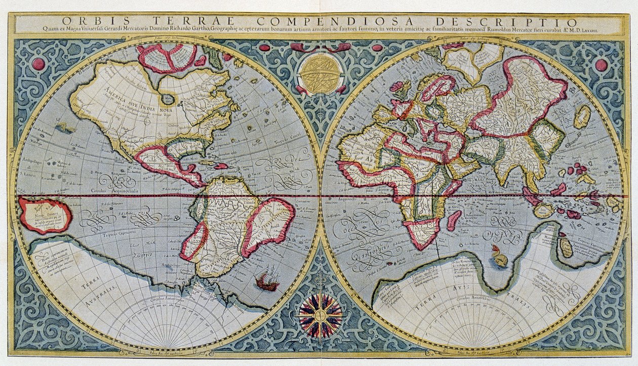 Världskarta över Mercator (1587) - efter "Gerardus Mercators Atlas av Unknown artist