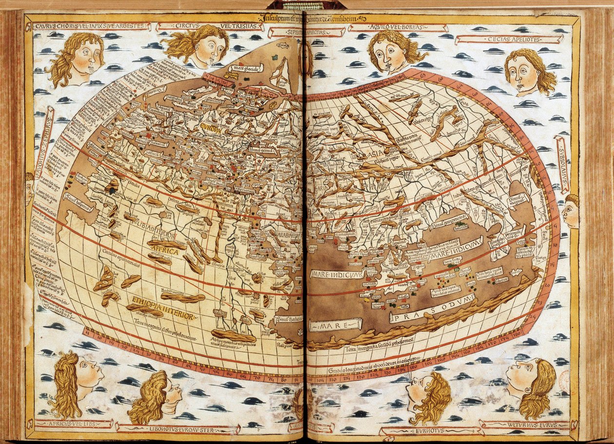 Världskarta över Claude Ptolemäus De mänskliga huvudena som blåser luft representerar de olika vindarna (vars namn anges). I latinsk geografi. till den mest välsignade fadern Paulus II, Storpåven. Nicholas gåvor." Geografimanuskript tillägnat påven Paulus  av Unknown artist