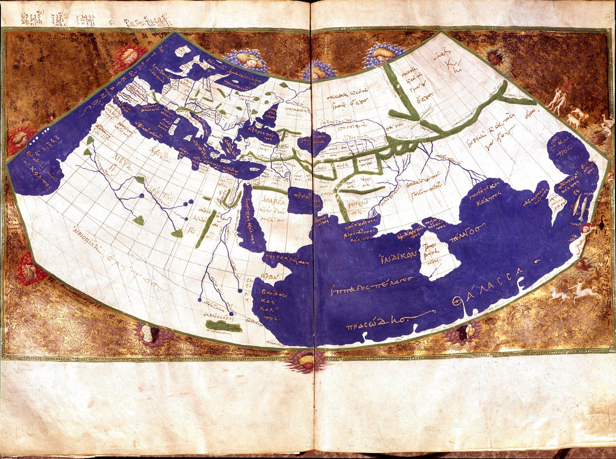 Världskarta över Claudius Ptolemaeus (Claude Ptolemee, 90-168 ap JC), grekisk astronom och astrolog - Representation av den platta jorden utan nord- och sydpolen och utan den amerikanska innehåller - 1400-talsmanuskript - Venedig, Biblioteca Marciana av Unknown artist