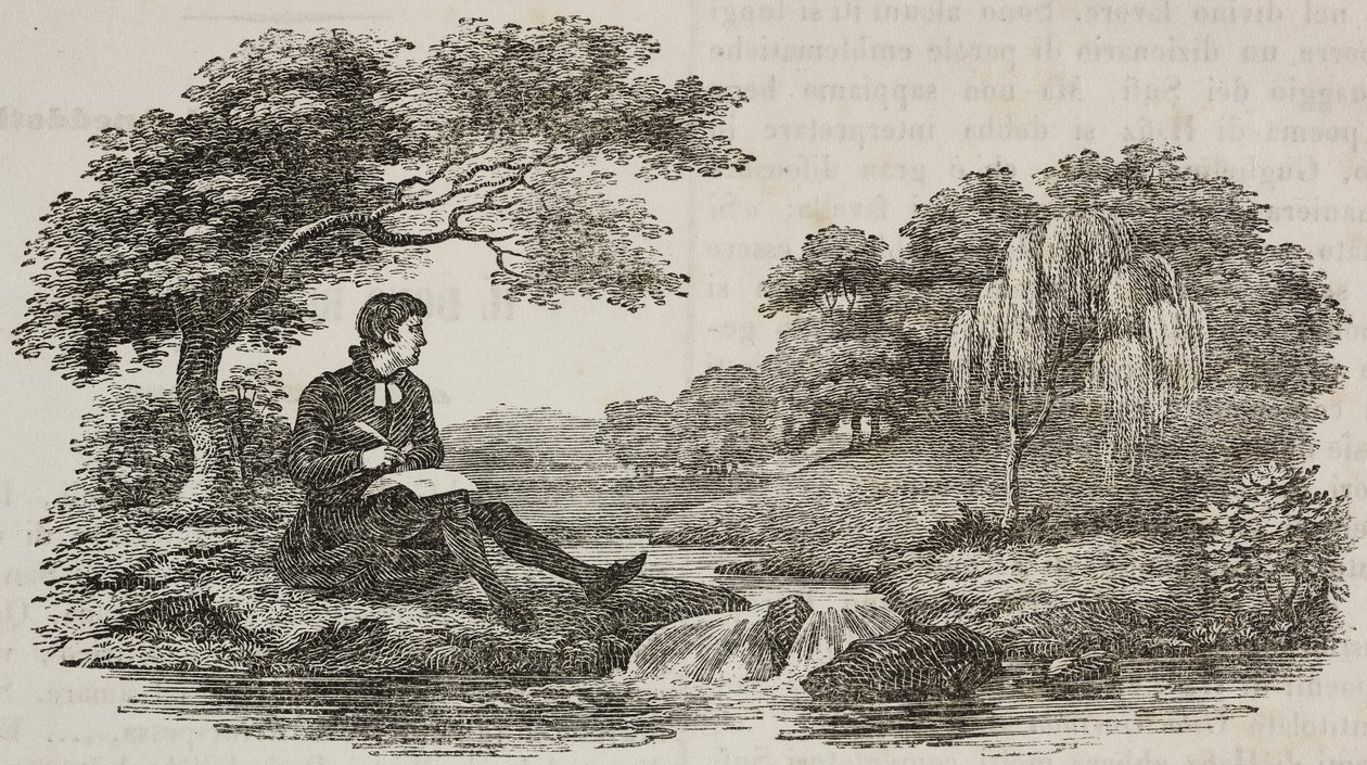 Författare under träd framför ström, illustration från Universal Theatre, encyklopedisk och scenografisk samling, nr 575, 19 juli av Unknown artist
