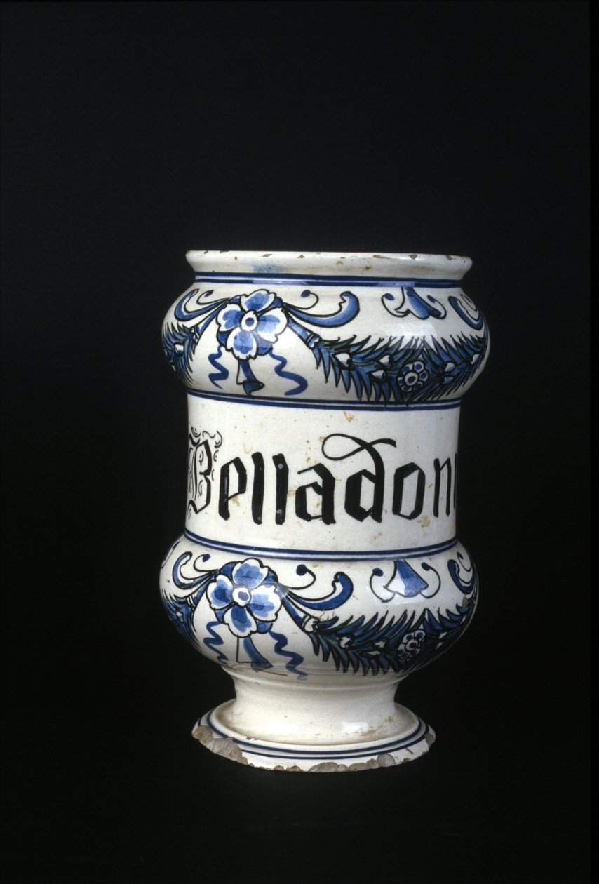 Apotekskruka från 1600-talet som innehåller Belladonna, giftig ört som används i apotek. Museum of Science and Technology, Milano. av Unknown artist