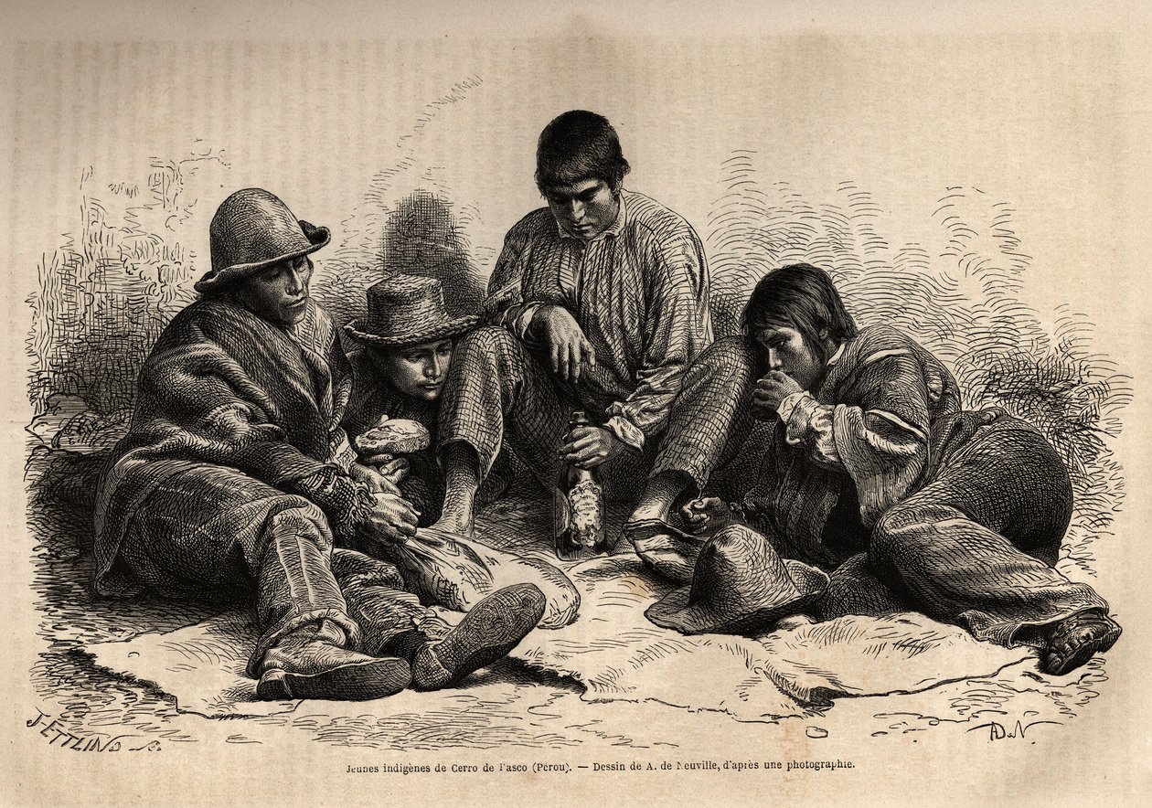 Unga indianer från Cerro de Pasco (centrala Peru), samlas för frukost. Gravyr för att illustrera Les iles Chincha, regisserad av L.Simonin, 1860, publicerad i "Le tour du monde, nouveau journal des voyages", redigerad av Edouard Charton av Unknown artist