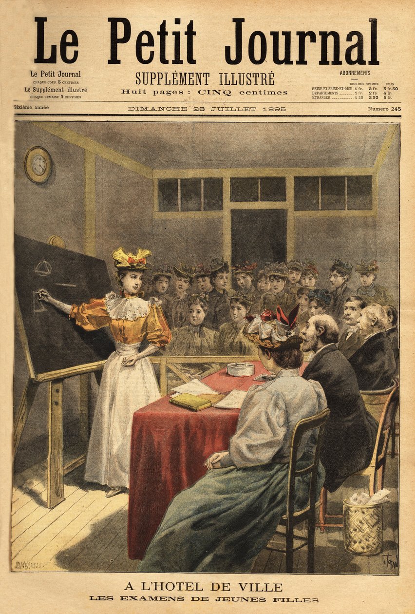 Unga flickor tentor i Paris stadshus. Gravyr i "" Le petit journal"" 1895-07-28. Selvas samling. av Unknown artist