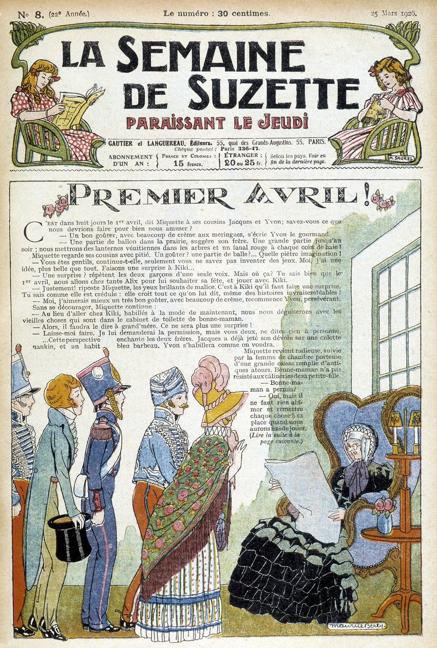 Unga människor besöker en äldre dam. Omslagsbild till tidningen "La semaine de Suzette" från mars 1926. av Unknown Artist