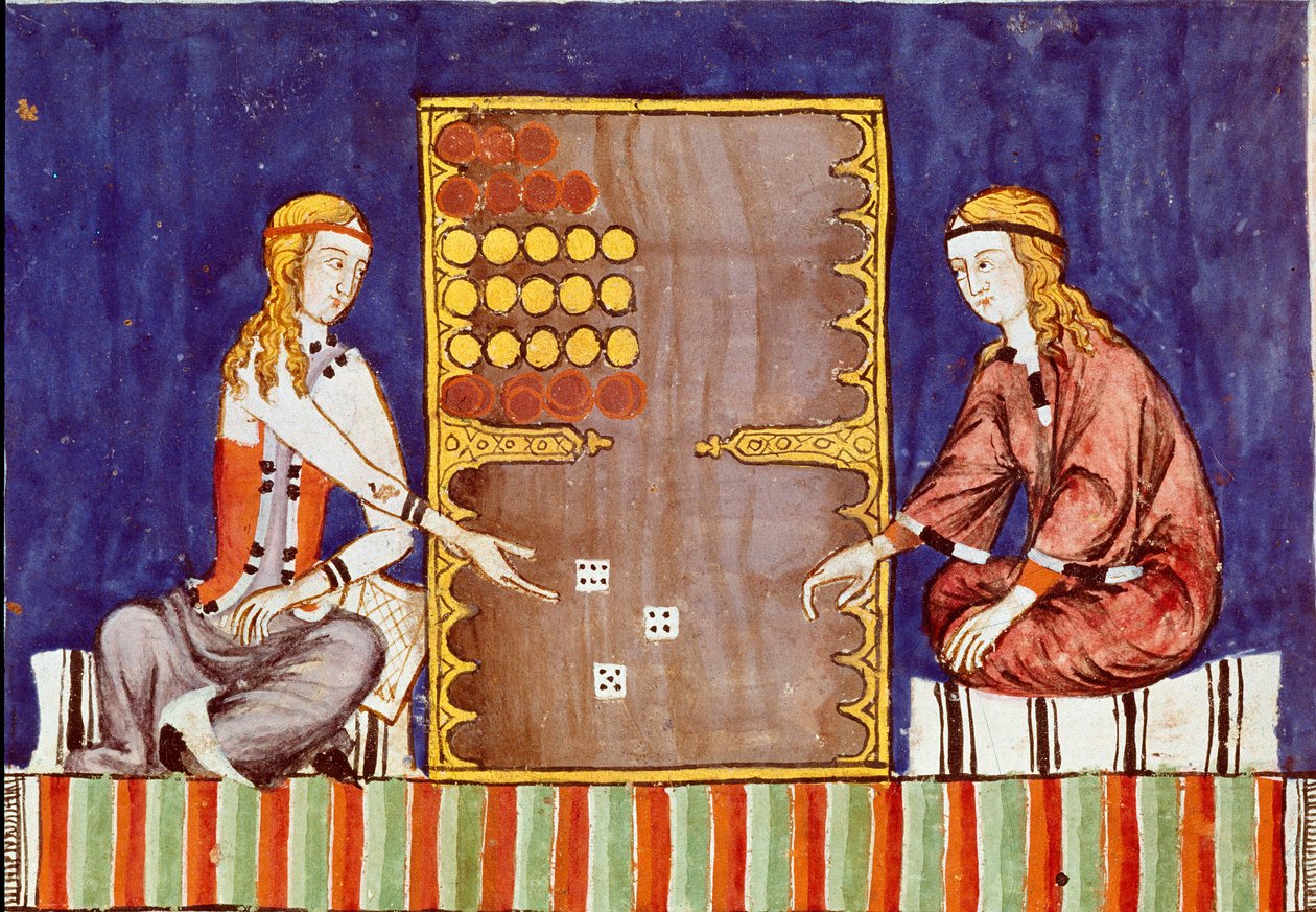Unga kvinnor spelar tric trac (tri-trac), förfader till Backgammon - Miniatyr från manuskriptet "Libro de los juegos"" av Alphonse X den vise eller Savanten (på spanska, Alfonso X el Sabio av Unknown artist