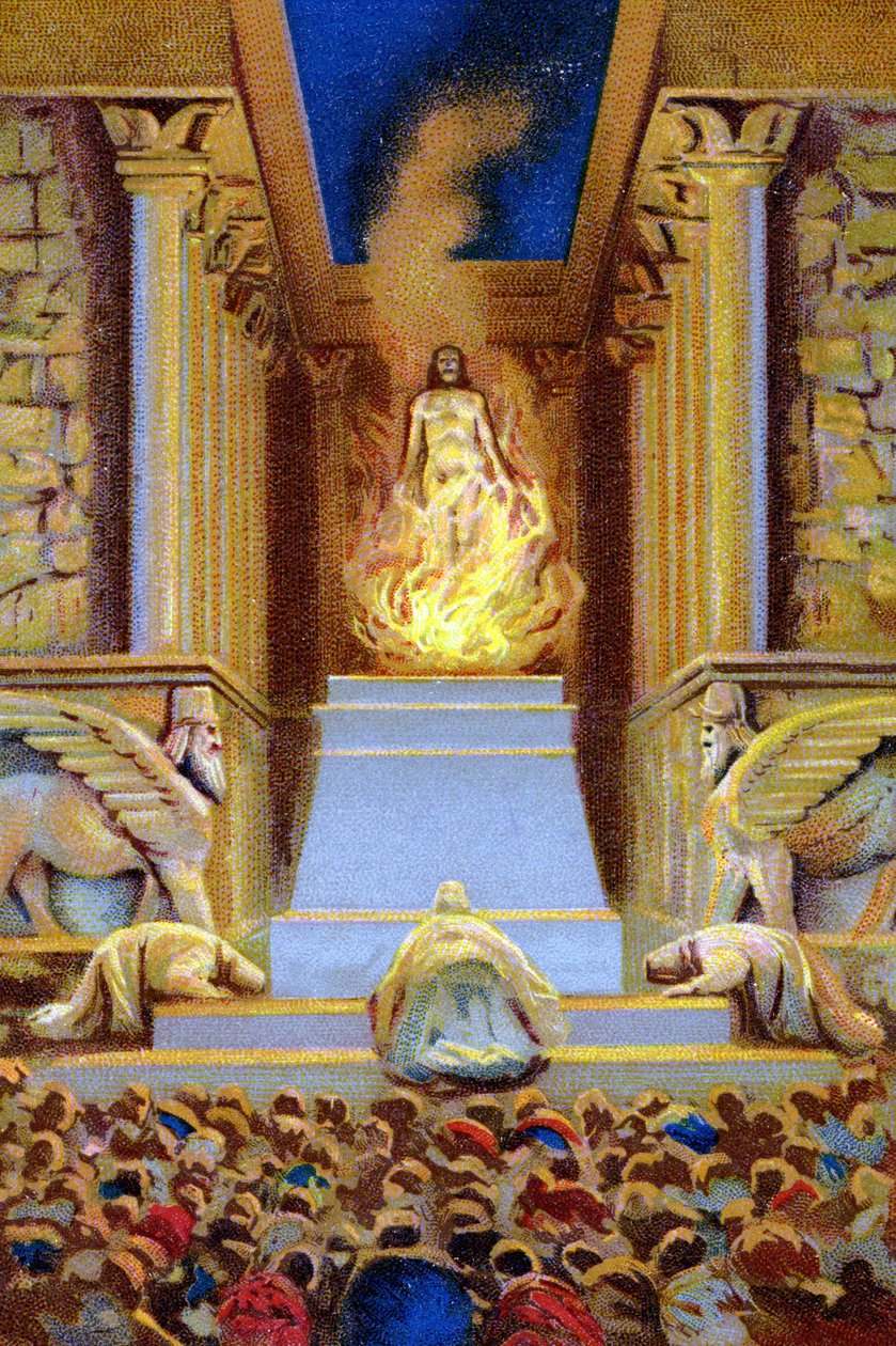 Zarathustra (Zarathushtra, Zarathushtra, Zarathustra eller Zoroaster) dog i templet omgivet av lågan. Kromolitografi från 1800-talet. av Unknown artist