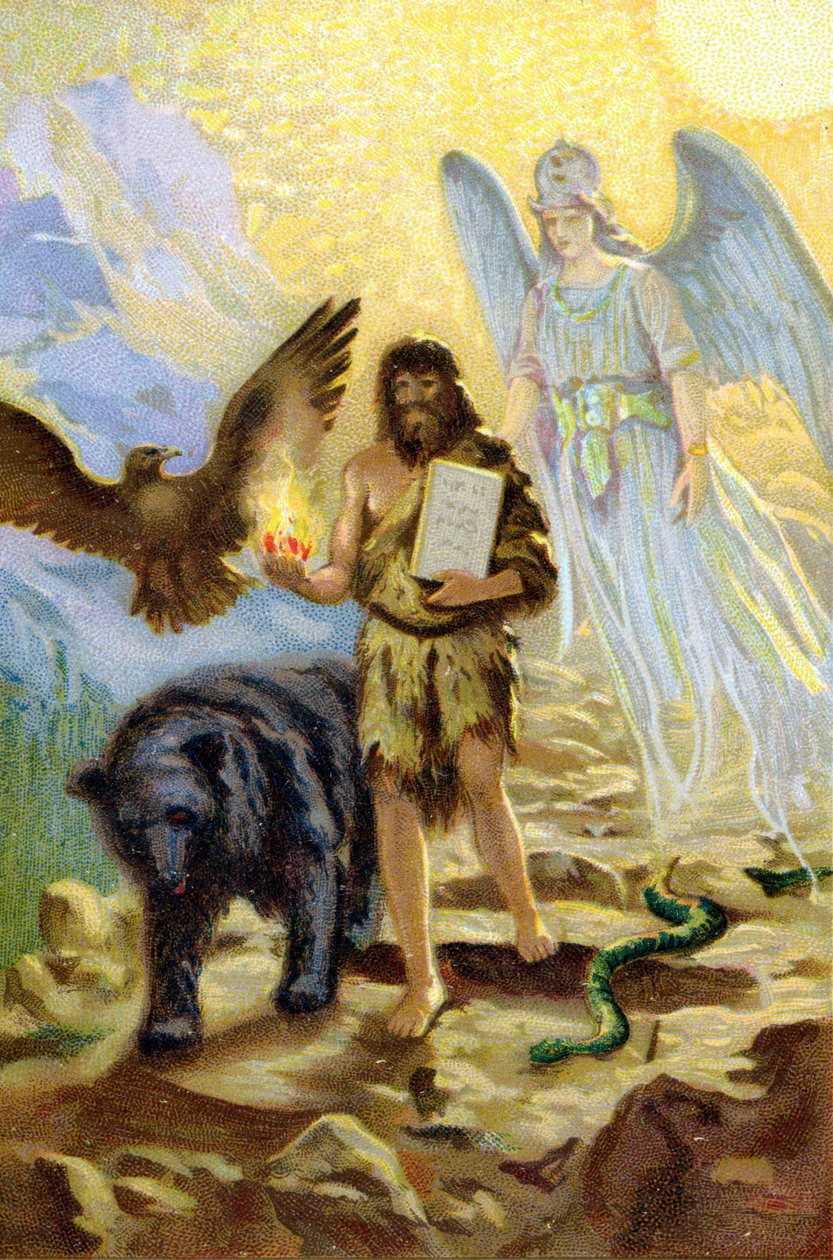 Zarathustra (Zarathustra, Zarathushtra, Zarathustra eller Zoroastra), guidad av ärkeängeln och åtföljd av djur som skulle hålla honom sällskap under hans reträtt på berget, stiger ner mellan män för att bära lagtabellerna som mottagits av Ahura Mazda av Unknown artist