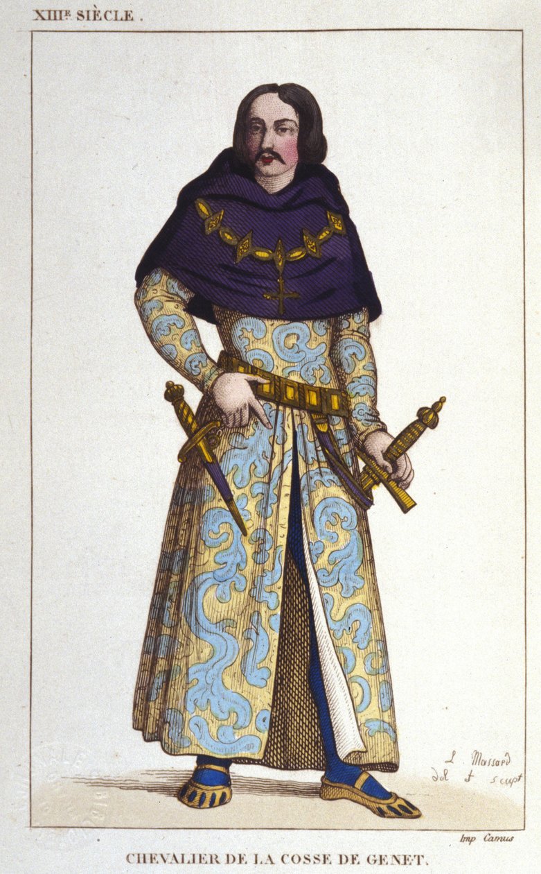 dräkt av Chevalier de la Cosse de Genet posterieur till år 1365. gravyr från 1830 av Unknown artist