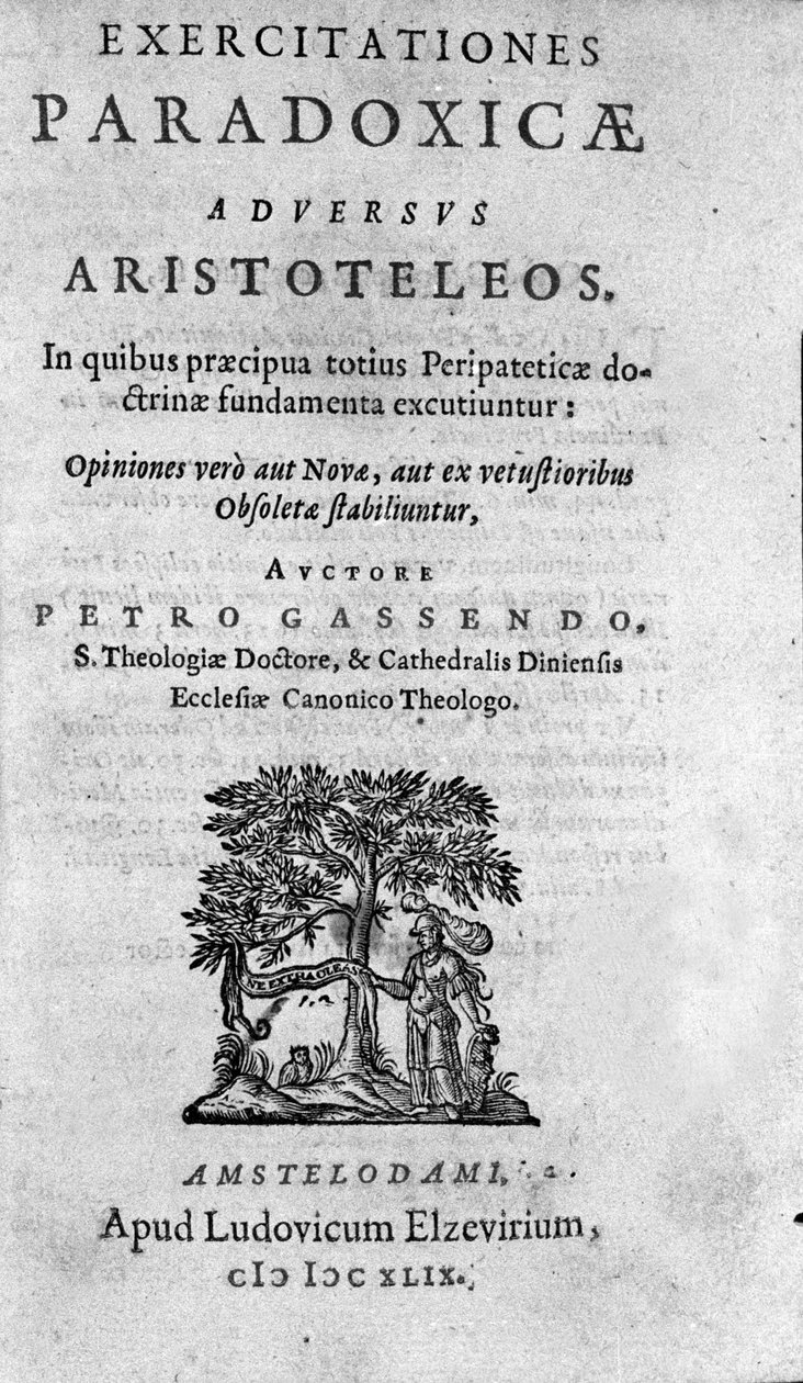 frontispice av ""The Paradoxical Exercises Against Aristoteles"" av Pierre Gassendi (1592-1655), fransk filosof, astronom, matematiker och fysiker. av Unknown artist