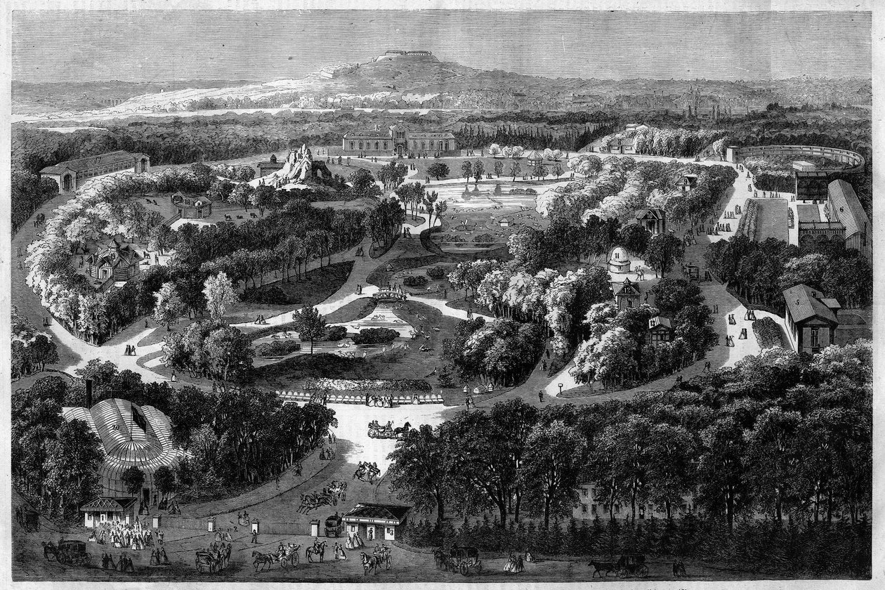 allmän bild av acklimatiseringens trädgård till Bois de Boulogne som erbjöds och invigdes av Napoleon III 1860, som kombinerar natur, frodig flora och exotiska djur, i "" l