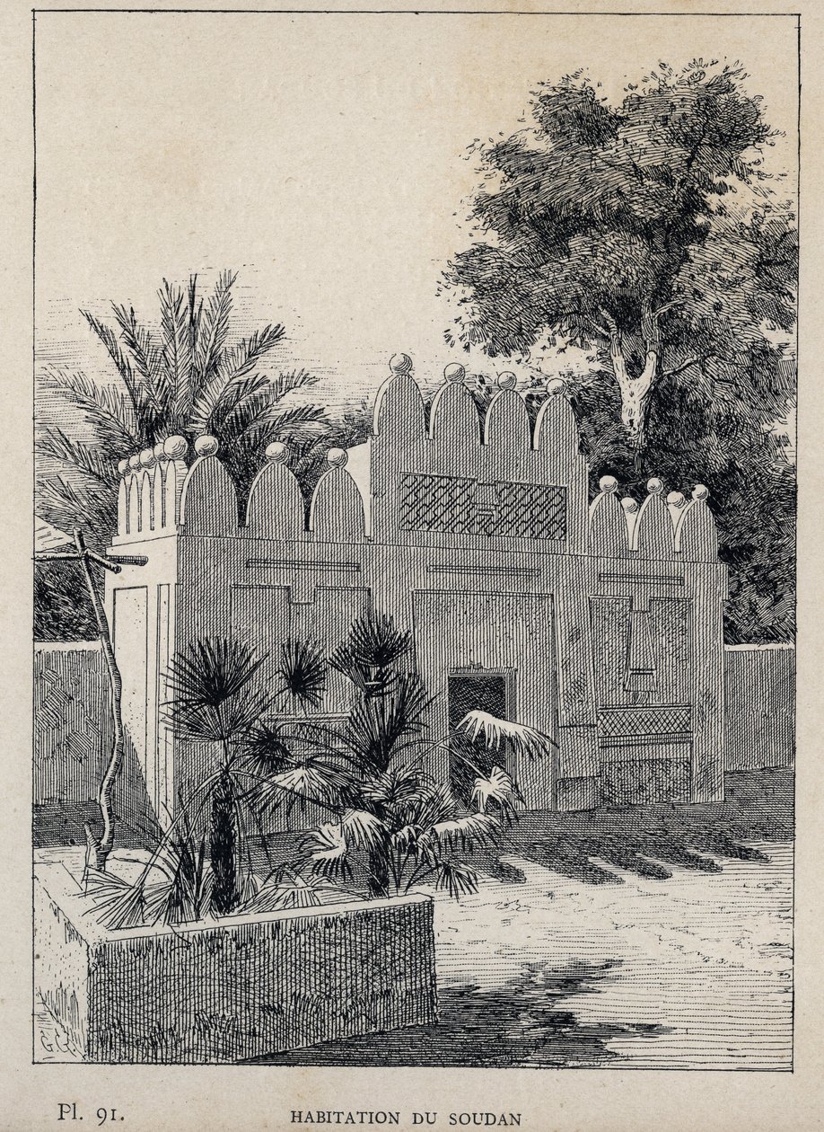 habitation du Sudan (Sudan) - gravyr från 1889 i "History of human habitation at the Universal Exhibition of 1889, by Mr Charles GARNIER - Librairie centrale des beaux-arts Paris 1889 av Unknown artist