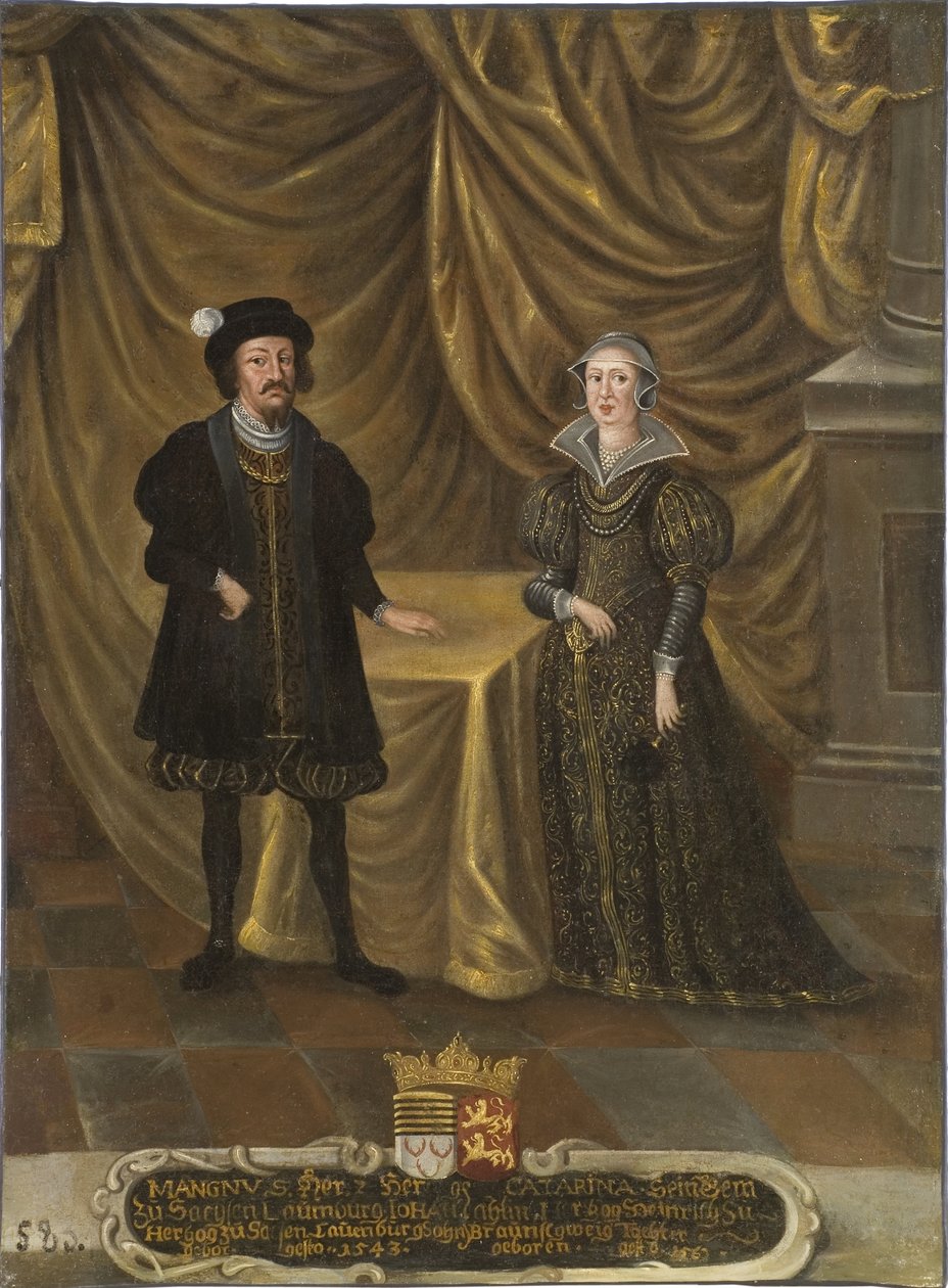 le prince Magnus I de Saxe Lauenbourg et la princesse Catherine de Brunswick Wolfenbuttel - Magnus I (1470-1543), hertig av Sachsen-Lauenburg och Katarina av Brunswick-Wolfenbuettel (1488-1563), hertiginna av Saxe-Lauenburg, Anonym . Olja på duk. Dimension av Unknown artist